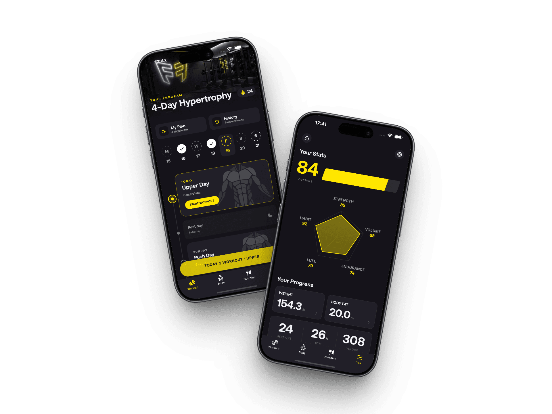 The FitFive app: workout overview and Player Card stats screens